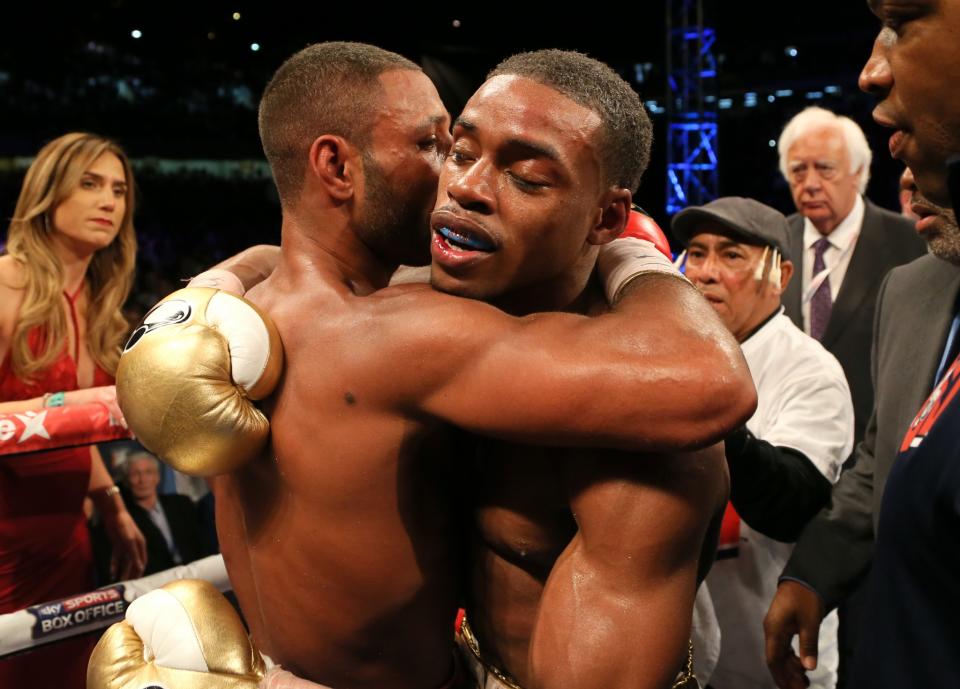 Kell Brook hugs Errol Spence after the fight