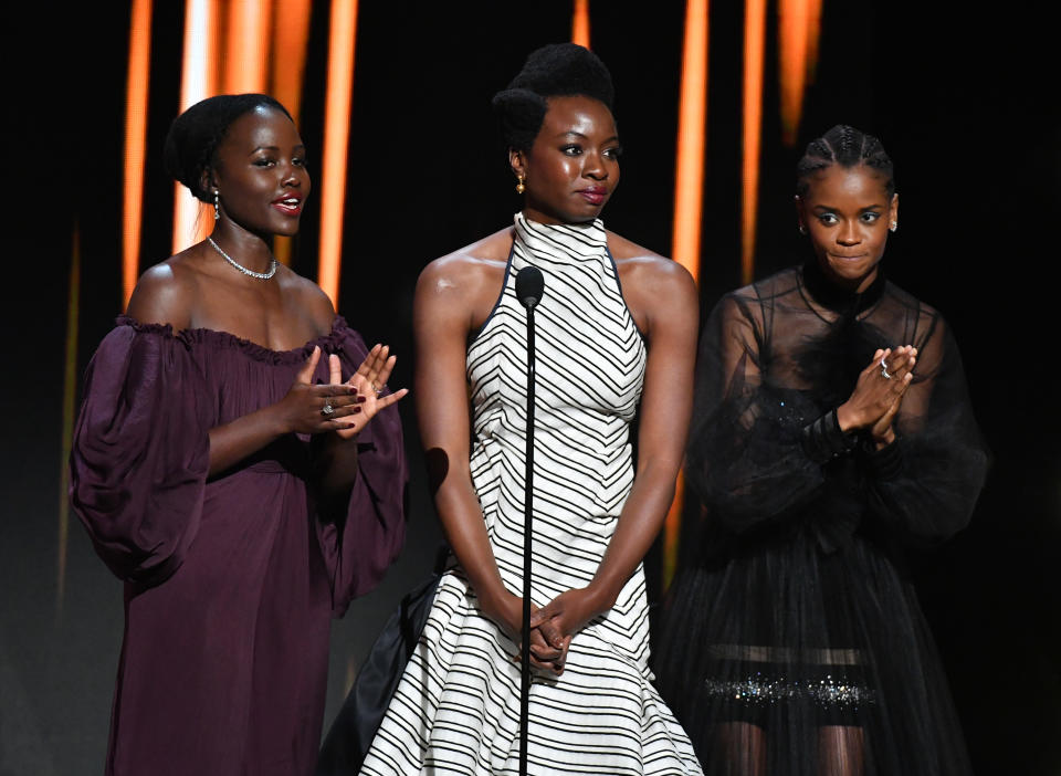 HOLLYWOOD, CALIFORNIA - MARCH 30: (L-R) Lupita Nyong'o, Danai Gurira, and Letitia Wright speak onstage at the 50th NAACP Image Awards at Dolby Theatre on March 30, 2019 in Hollywood, California. (Photo by Earl Gibson III/Getty Images for NAACP)