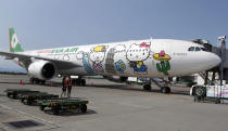 An Airbus A330-300 aircraft of Taiwan's Eva Airlines is seen with Hello Kitty motifs in Taoyuan International Airport, northern Taiwan, April 30, 2012. Taiwan's second-largest carrier, Eva Airlines, and Japan's comic company, Sanrio, which owns the Hello Kitty brand, collaborated on the second generation Hello Kitty-themed aircraft which was launched on October 2011. There are currently three Hello Kitty-themed Airbus A330-300 aircrafts flying between cities such as Taipei, Fukuoka, Narita, Sapporo, Incheon, Hong Kong and Guam. REUTERS/Pichi Chuang