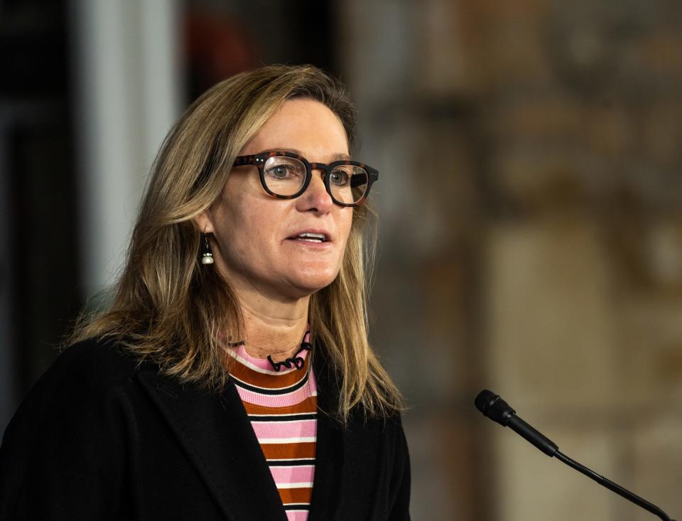 Michigan Central Development Director Mary Culler speaks during a presentation about the progress in the district and the building at Michigan Central Station in Detroit on Feb. 4, 2022.