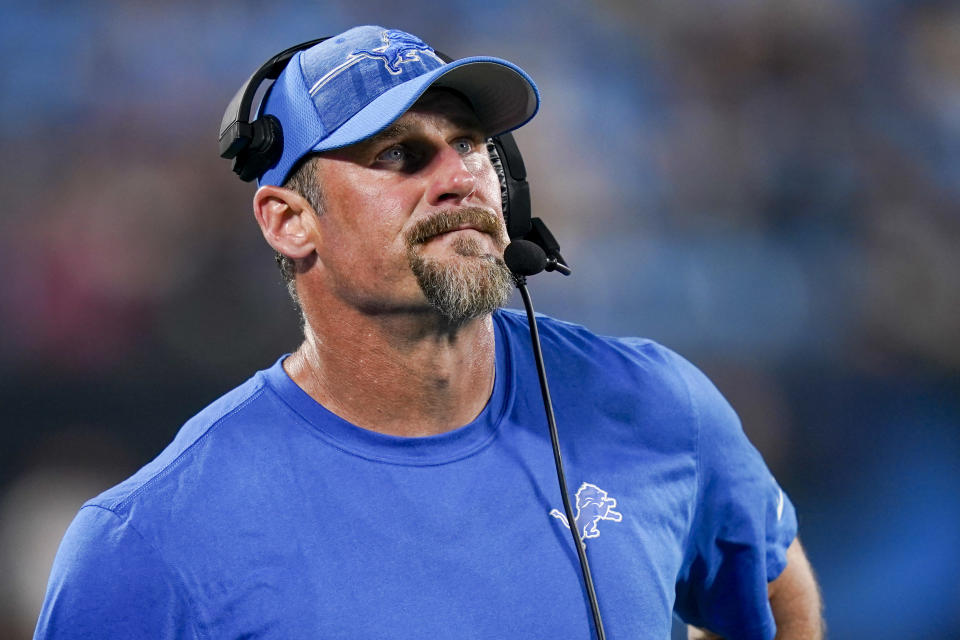 Detroit Lions head coach Dan Campbell watches during the second half of a preseason NFL football game against the Carolina Panthers Friday, Aug. 25, 2023, in Charlotte, N.C. (AP Photo/Erik Verduzco)