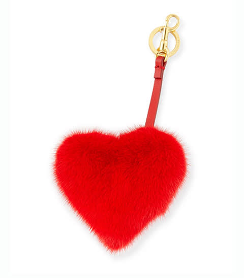 <p><strong>Anya Hindmarch </strong>charm, $495, bergdorfgoodman.com</p><p><a rel="nofollow noopener" href="http://www.bergdorfgoodman.com/Anya-Hindmarch-Tassel-Heart-Bag-Charm-In-Mink-Fur-Red/prod129020048___/p.prod?i" target="_blank" data-ylk="slk:BUY NOW;elm:context_link;itc:0;sec:content-canvas" class="link ">BUY NOW</a></p>