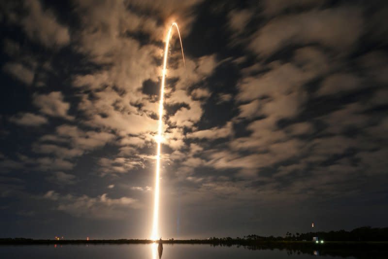 A SpaceX Falcon 9 rocket launches 22 Starlink satellites from Launch Complex 40 at 12:33 a.m. from the Cape Canaveral Space Force Station, Florida on Saturday. Photo by Joe Marino/UPI