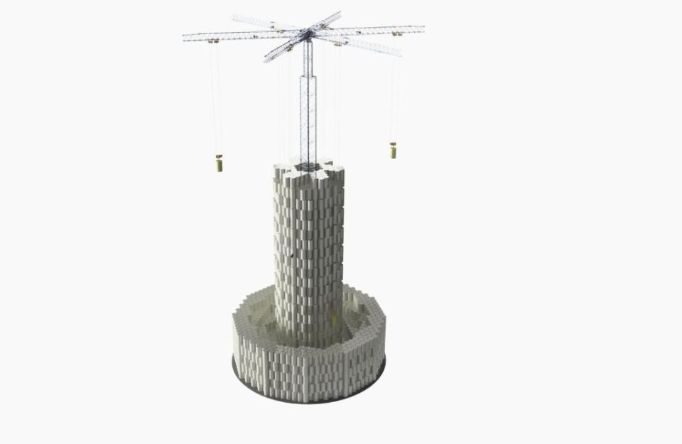 A simulation of a large-scale Energy Vault plant made of stacking concrete blocks.