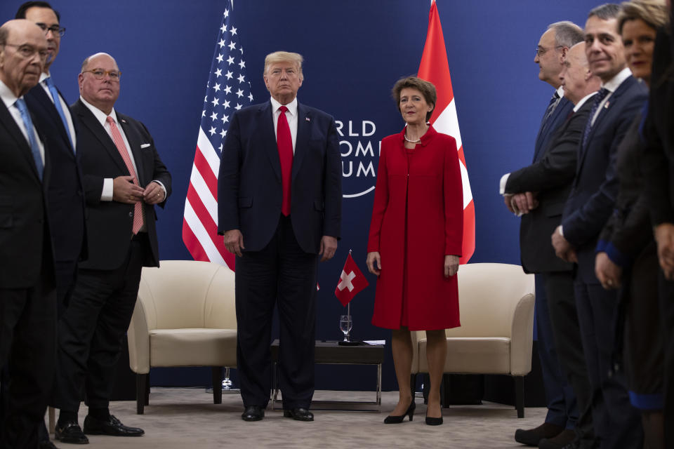 President Donald Trump meets with Swiss President Simonetta Sommaruga at the World Economic Forum, Tuesday, Jan. 21, 2020, in Davos, Switzerland. (AP Photo/ Evan Vucci)