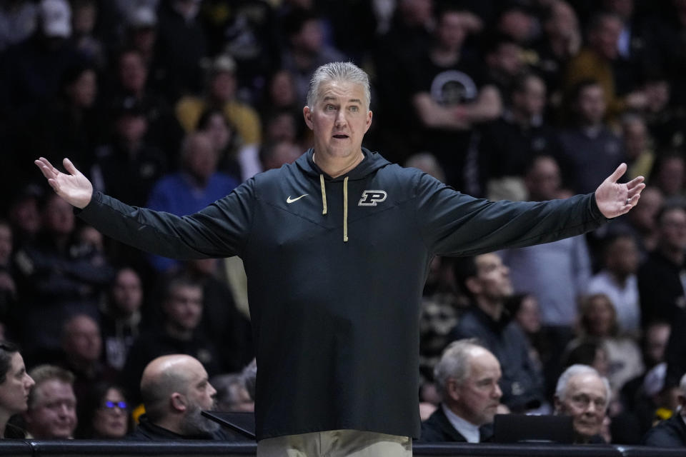 Purdue head coach Matt Painter questions a call during the second half of an NCAA college basketball game against Iowa in West Lafayette, Ind., Thursday, Feb. 9, 2023. Purdue defeated Iowa 87-73. (AP Photo/Michael Conroy)