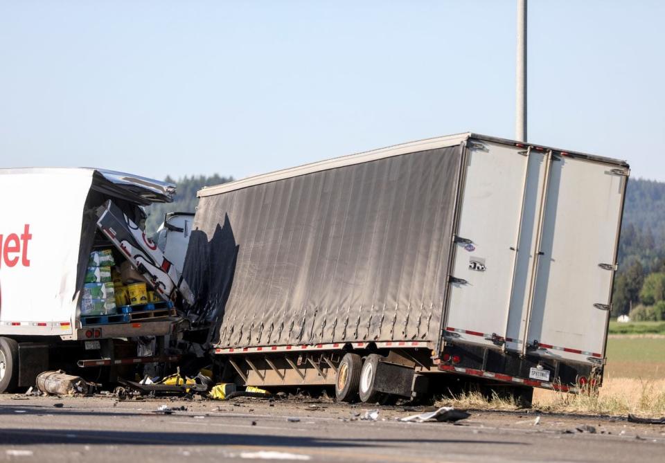 Two semitrucks were involved in a three-vehicle crash that claimed the lives of at least seven adults on Thursday, May 18, 2023