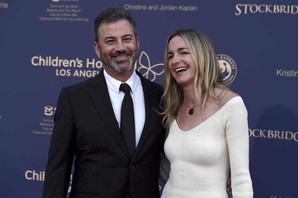 Jimmy Kimmel, left, and Molly McNearney arrive at the 2022 Children's Hospital Los Angeles Gala, Saturday, Oct. 8, 2022, at Barker Hanger in Santa Monica, Calif. (Photo by Jordan Strauss/Invision/AP)