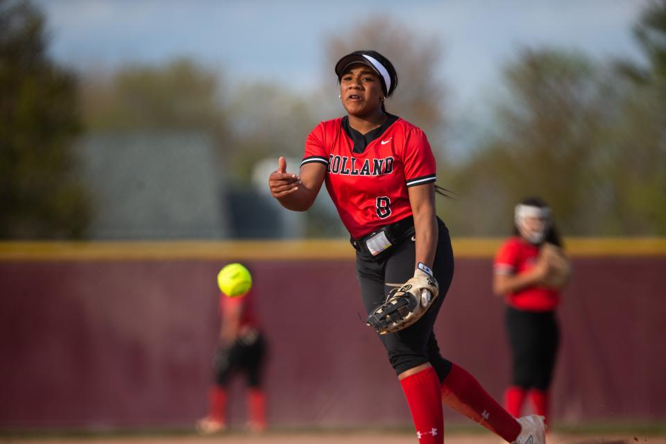 Holland's Alesha VanDenberge throws a pitch against Holland Christian Friday, May 5, 2023, at Holland Christian. 