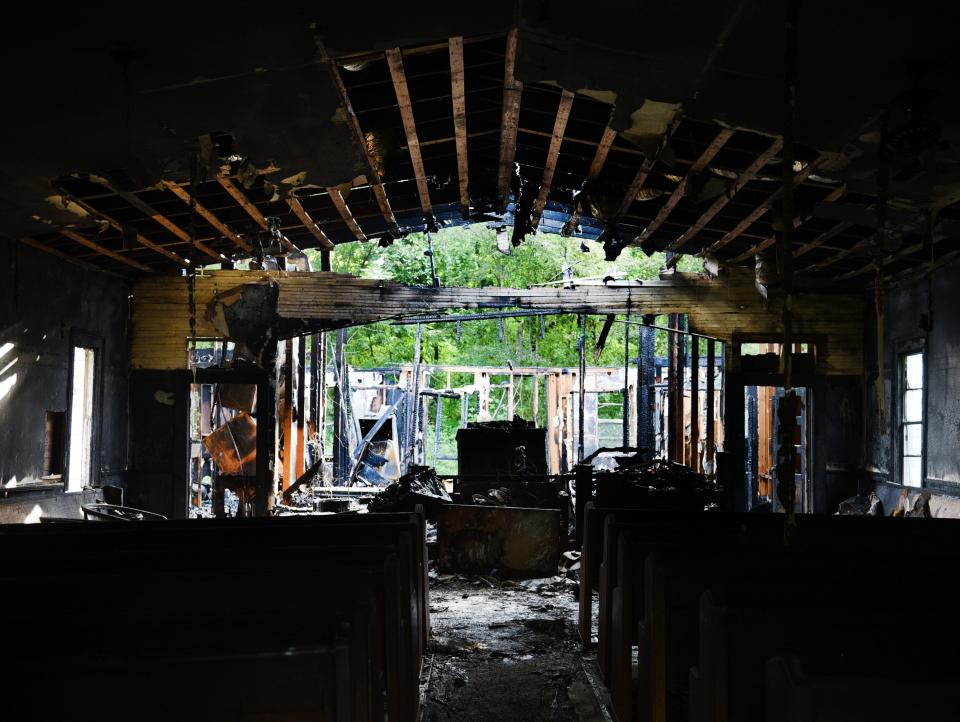 The historic Justice Chapel Baptist Church on Highway 3049 sustained substantial damage from a fire that Caddo Fire Districts 7 and 8 help put out Sunday morning, August 6, 2023. 