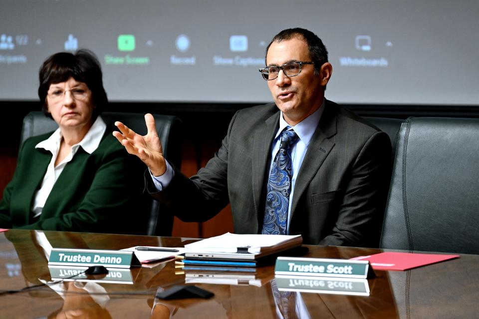 Michigan State University Board Trustee Dennis Denno speaks during a meeting on Wednesday, Jan. 11, 2023, at the Hannah Administration Building on campus in East Lansing.