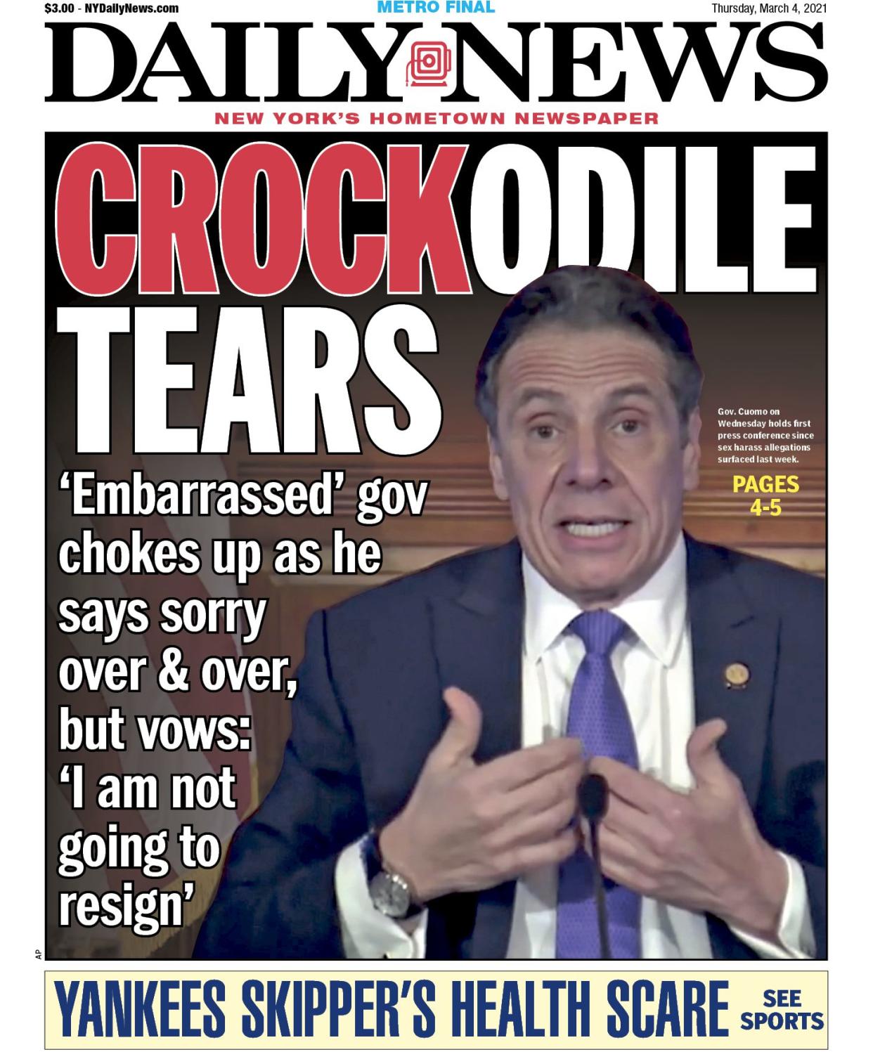 March 4, 2021: "Embarrassed" gov chokes up as he says sorry over and over, but vows: "I am not going to resign." Gov. Cuomo on Wednesday holds first press conference since sex harass allegations surfaced last week.