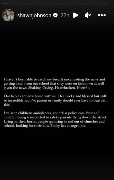 An Instagram posting from former Des Moines metro resident and Olympian Shawn Johnson East, whose children attend the Nashville, Tennessee, school that was the scene of a mass shooting on Monday.