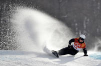 <p>Lee Sangho, of South Korea, runs the course during the men’s parallel giant slalom quarterfinals at Phoenix Snow Park at the 2018 Winter Olympics in Pyeongchang, South Korea, Saturday, Feb. 24, 2018. (AP Photo/Gregory Bull) </p>