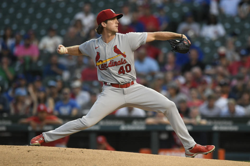 St. Louis Cardinals starter Jake Woodford delivers a pitch during the first inning of the second game of a baseball doubleheader against the Chicago Cubs Tuesday, Aug. 23, 2022, in Chicago. (AP Photo/Paul Beaty)
