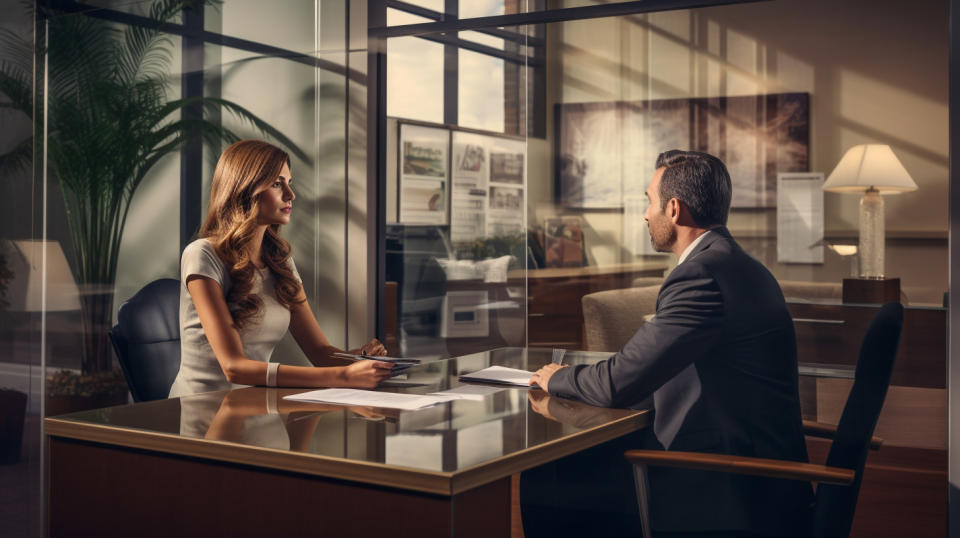 A customer meeting with a loan officer in a bank office, discussing their financial goals.