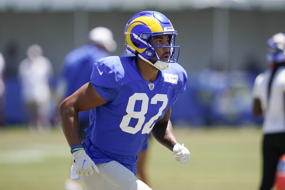 Rams wide receiver Lance McCutcheon (82) participates in drills.