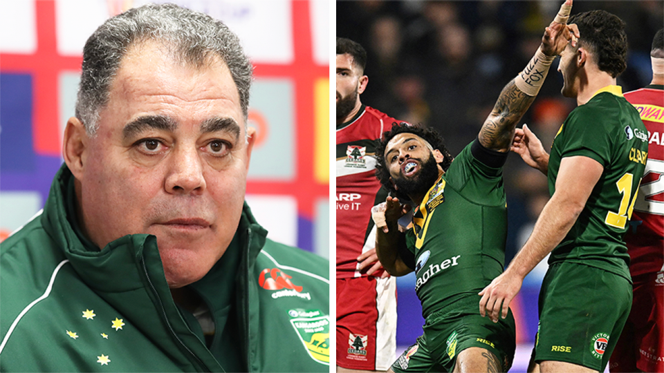 Mal Meninga (pictured left) during an interview and (pictured right) Josh Addo-Carr celebrates a try.