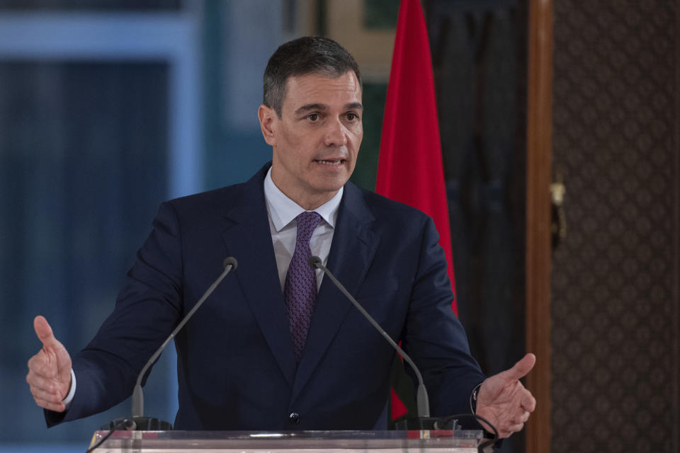 Spanish Prime Minister Pedro Sanchez speaks at a press conference after holding meetings with his Moroccan counterpart during an official visit to Rabat, Morocco, Wednesday, Feb. 21, 2024. (AP Photo)