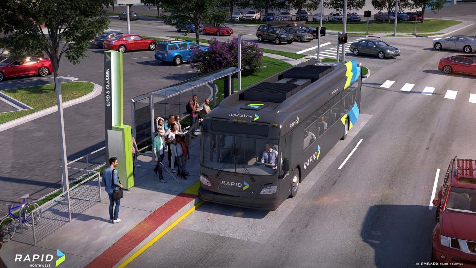 Bus rapid transit features faster and more frequent service with enhanced vehicles, stations, and passenger amenities, as shown in this rendering of planned stops at NW 23 and Classen Boulevard.