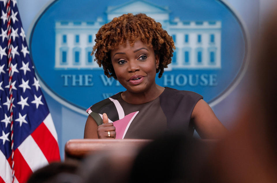 White House Press Secretary Karine Jean-Pierre answers questions during the daily press briefing at the White House in Washington, U.S., August 9, 2022. REUTERS/Evelyn Hockstein