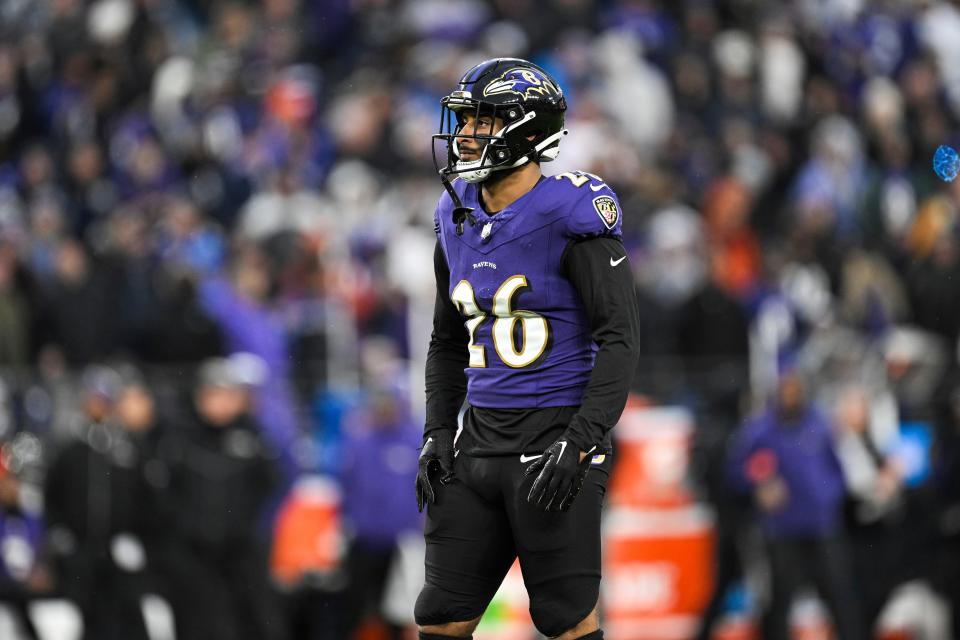 Baltimore Ravens safety Geno Stone (26) looks on between plays during the first half of the AFC Championship NFL football game against the Kansas City Chiefs, in Baltimore, Sunday, Jan. 28, 2024.