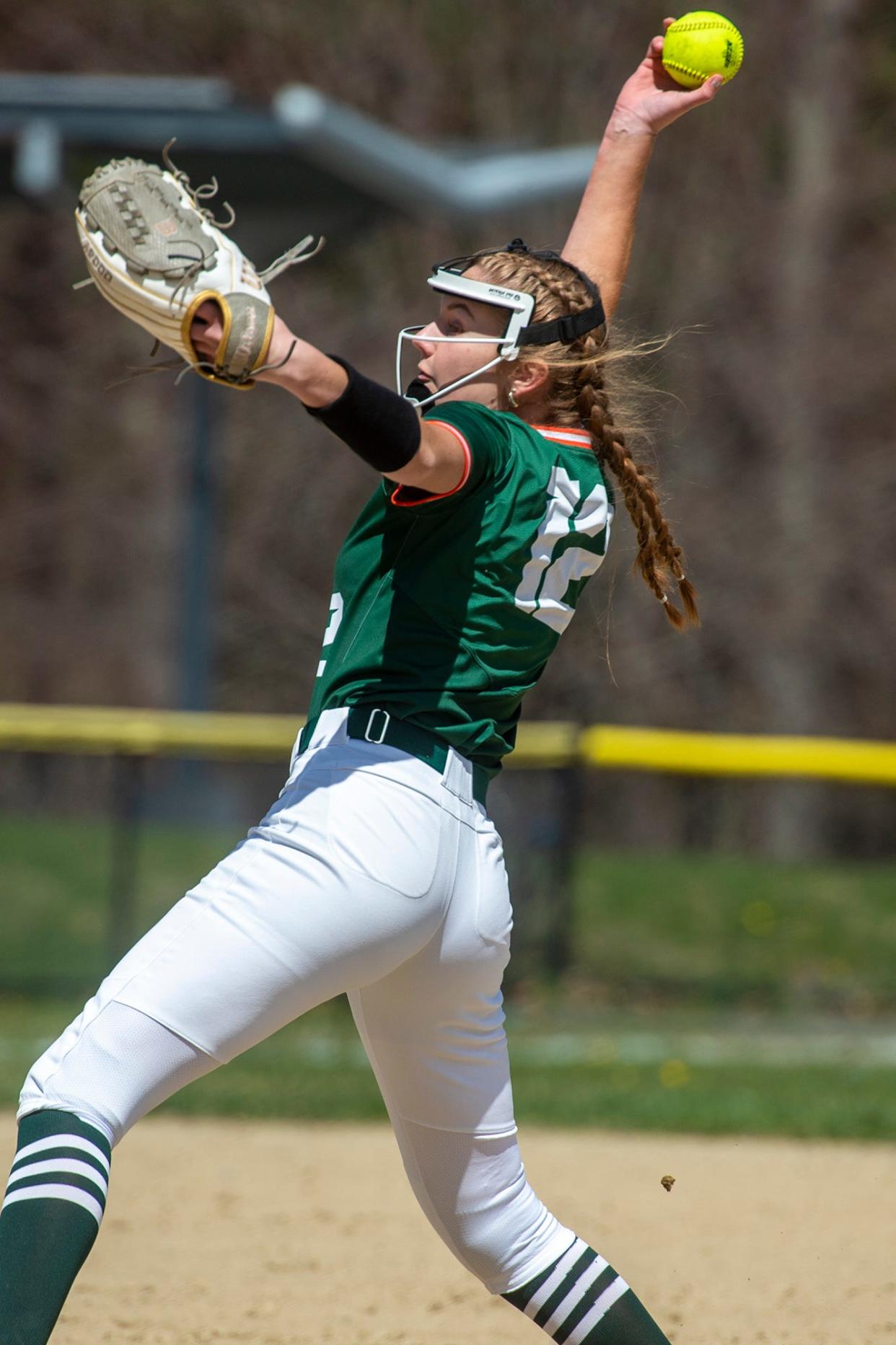 Hopkinton High School softball senior Alex Riesenberger pitches against Lincoln-Sudbury, April 16, 2024.