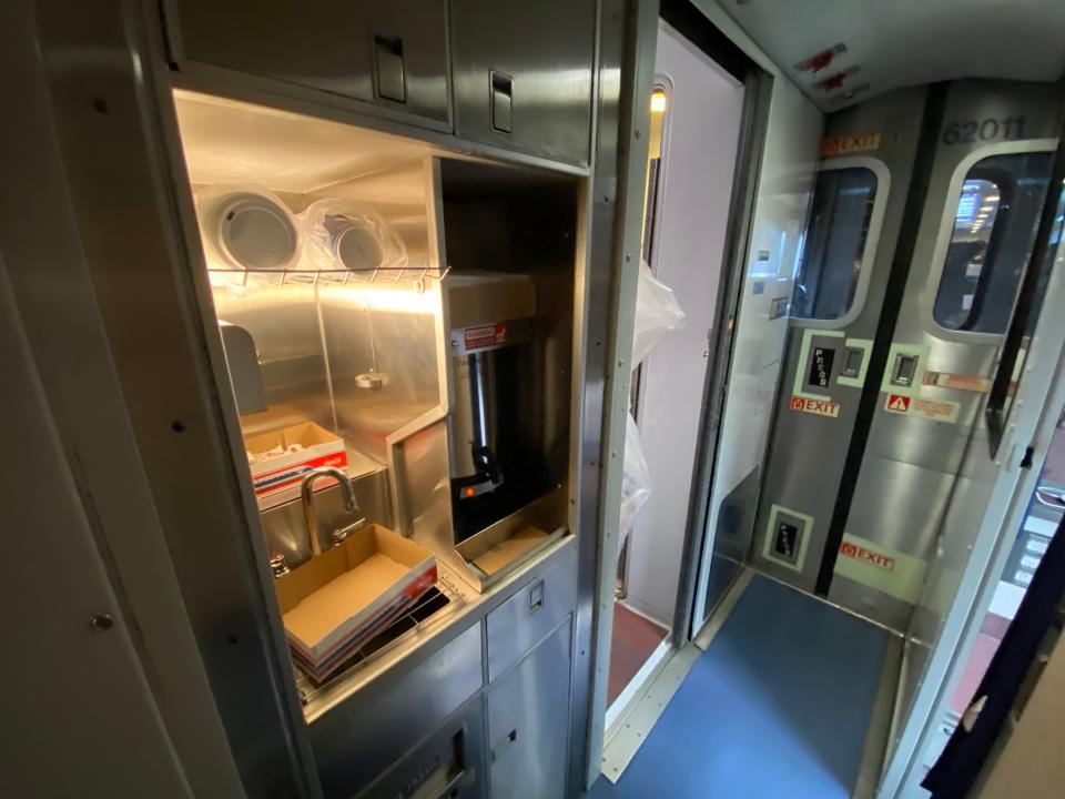The coffee station aboard an amtrak train
