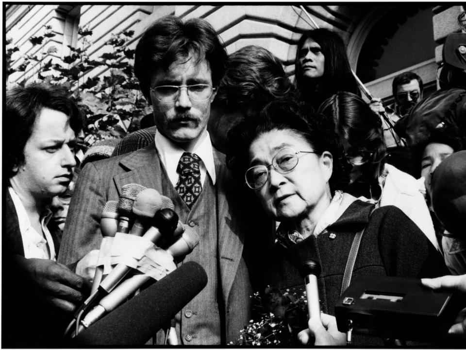 American radio broadcaster Iva Toguri D'Aquino speaks to a journalist at a press conference in San Francisco in 1976.