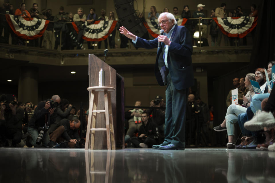 Democratic presidential candidate Sen. Bernie Sanders, I-Vt., speaks at a campaign event at The Black Box Theater, Saturday, Feb. 1, 2020, in Indianola, Iowa. (AP Photo/Pablo Martinez Monsivais)