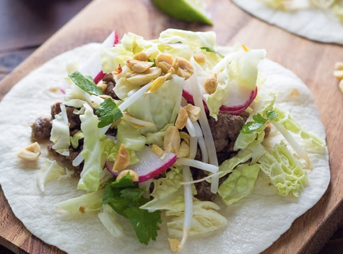 Asian Tacos with Ginger Beef and Peanut Sauce