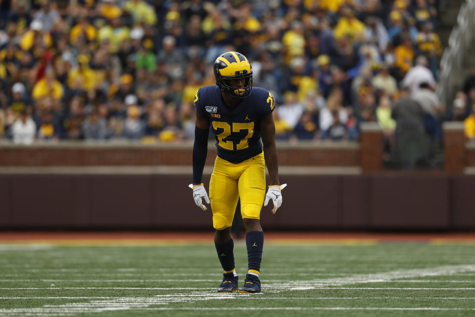 Michigan defensive back Hunter Reynolds (27) plays against Rutgers in the second half of an NCAA college football game in Ann Arbor, Mich., Saturday, Sept. 28, 2019. (AP Photo/Paul Sancya)