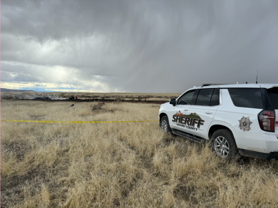 A Grand County Sheriff's Office vehicle at the scene of a downed aircraft on Feb. 7, 2024. The plane was reportedly on its way to Washington from Colorado when it crashed. (Courtesy of Grand County Sheriff's Office)