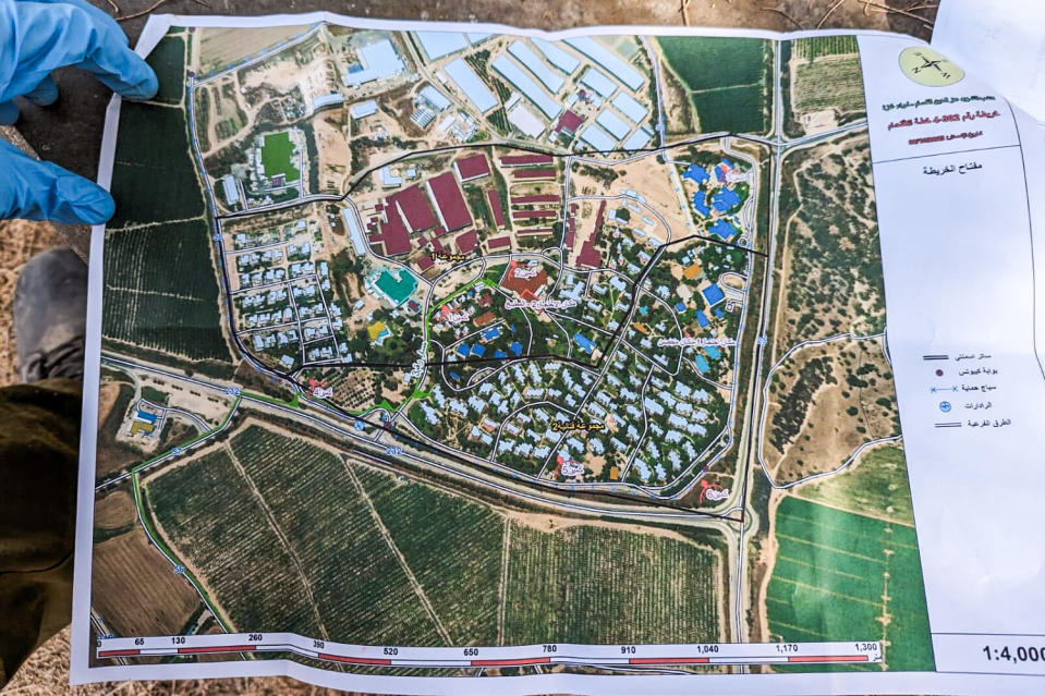Hamas maps of Kibbutz Kfar Aza, Nahal Oz, and Alumim recovered from the bodies of Hamas by Israeli first responders. (Obtained by NBC News)
