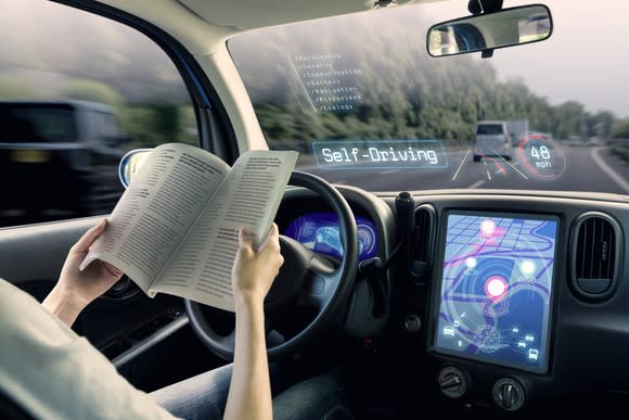 animation showing driver reading a book in driver's seat as car drives itself. The words 