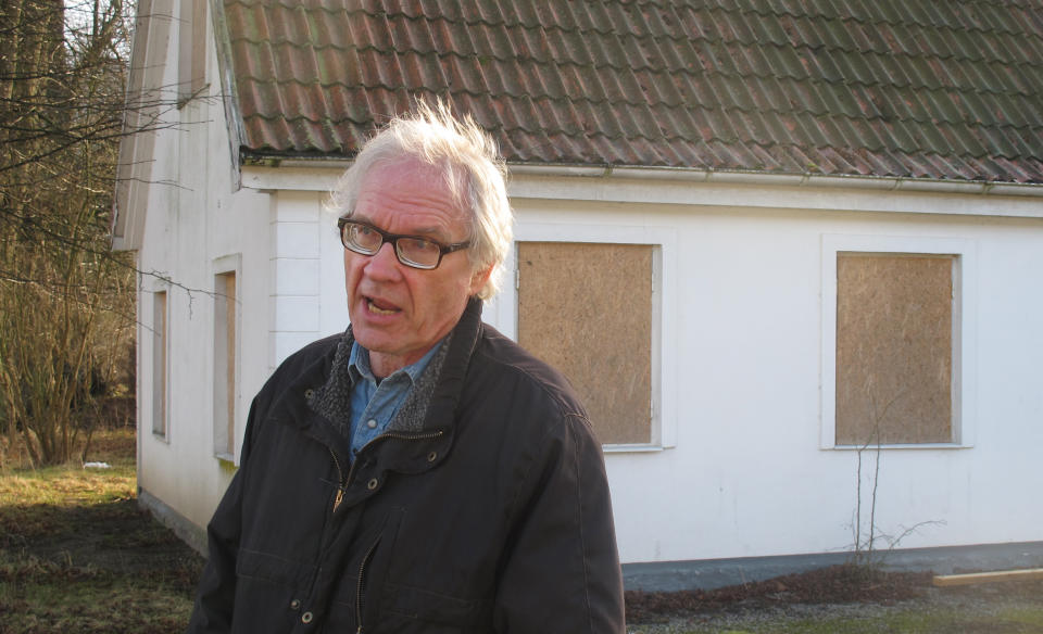 FILE - Swedish artist Lars Vilks speaks during an interview with The Associated Press in Malmo, Sweden, Wednesday March 4, 2015. Vilks, who had lived under police protection since his 2007 sketch of the Prophet Muhammad with a dog’s body brought death threats, died from a traffic accident Sunday, Oct. 3, 2021 Swedish news media reported. (AP Photo/David Keyton)