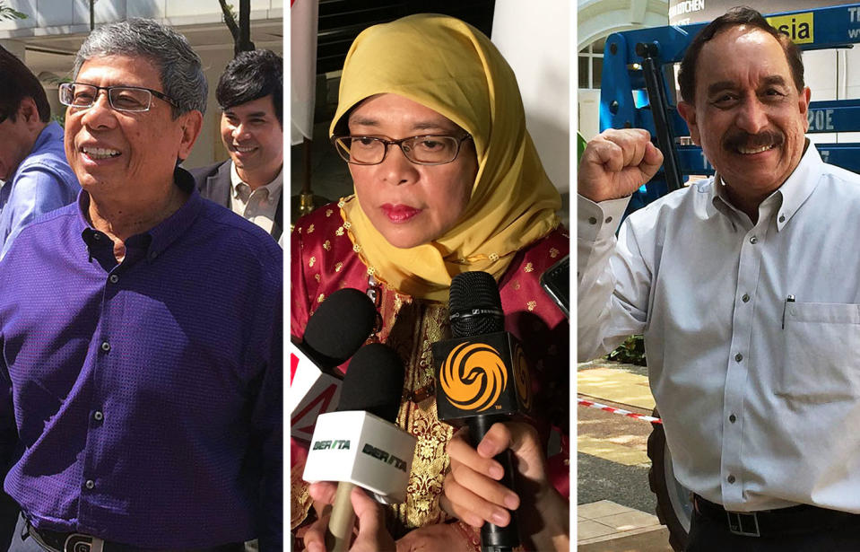 (From left) Salleh Marican, Halimah Yacob and Farid Khan appeared to be headed into a three-horse race for the highest seat in the nation but it was Halimah who finally emerged as the only candidate qualified to run for the post. (PHOTOS: Yahoo News Singapore)