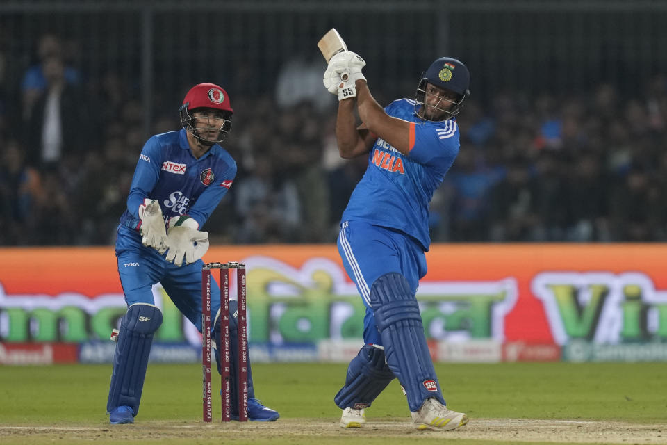 India's Shivam Dube plays a shot during the second T20 cricket match between India and Afghanistan in Indore, India, Sunday, Jan. 14, 2024. (AP Photo/ Rajanish Kakade)