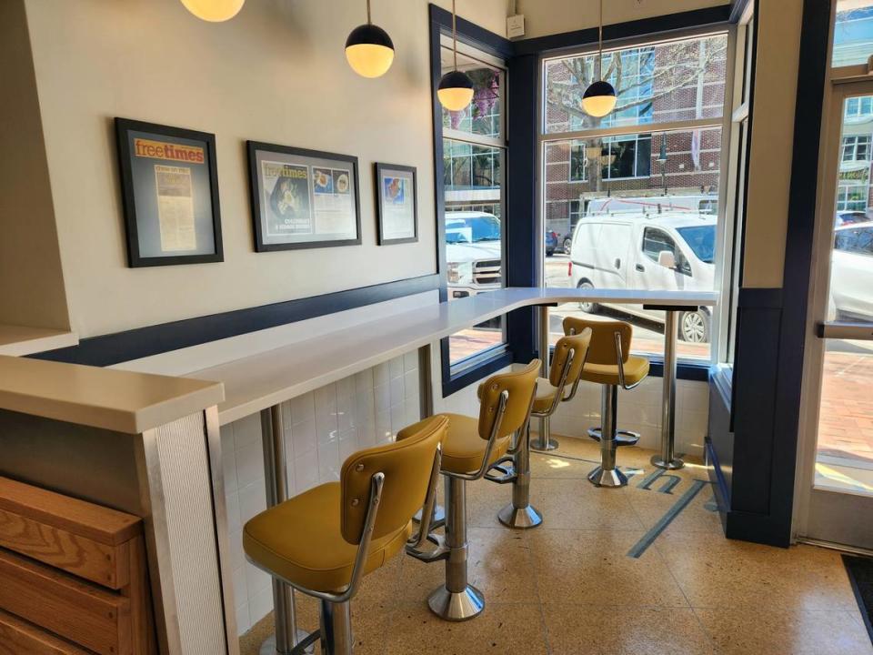 Counter-style seating is a part of the new aesthetic at Drake’s Duck-In as it plans to reopen its remodeled restaurant.