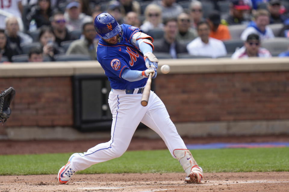 New York Mets' Pete Alonso hits a three-run homer during the third inning of the first baseball game of a doubleheader against the Atlanta Braves at Citi Field, Monday, May 1, 2023, in New York. (AP Photo/Seth Wenig)