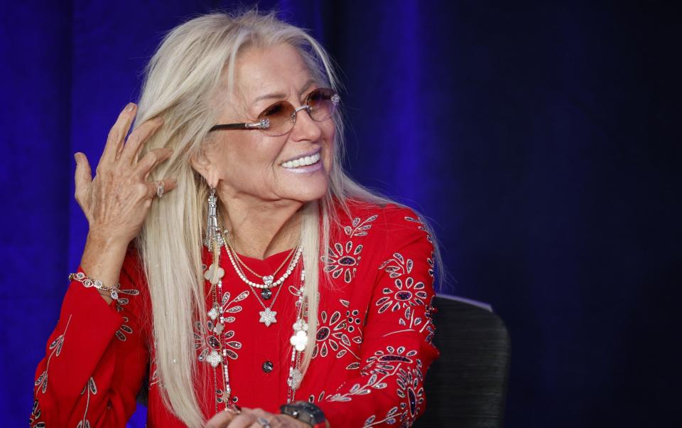 Miriam Adelson, widow of billionaire casino magnate Sheldon Adelson, listens to Donald Trump speak to prominent Jewish donors during an event titled 'Fighting Anti-Semitism in America' at the Hyatt Regency Capitol Hill in Washington on Thursday