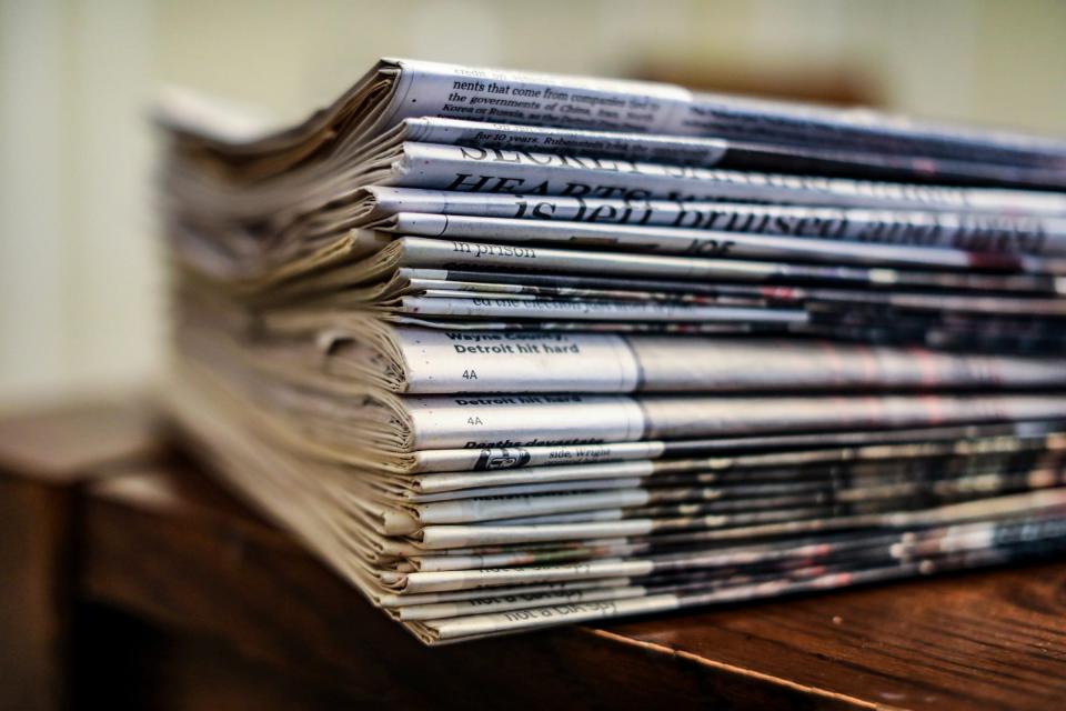 A stack of newspapers for sale in Michigan on Thursday, Jan. 4, 2024.