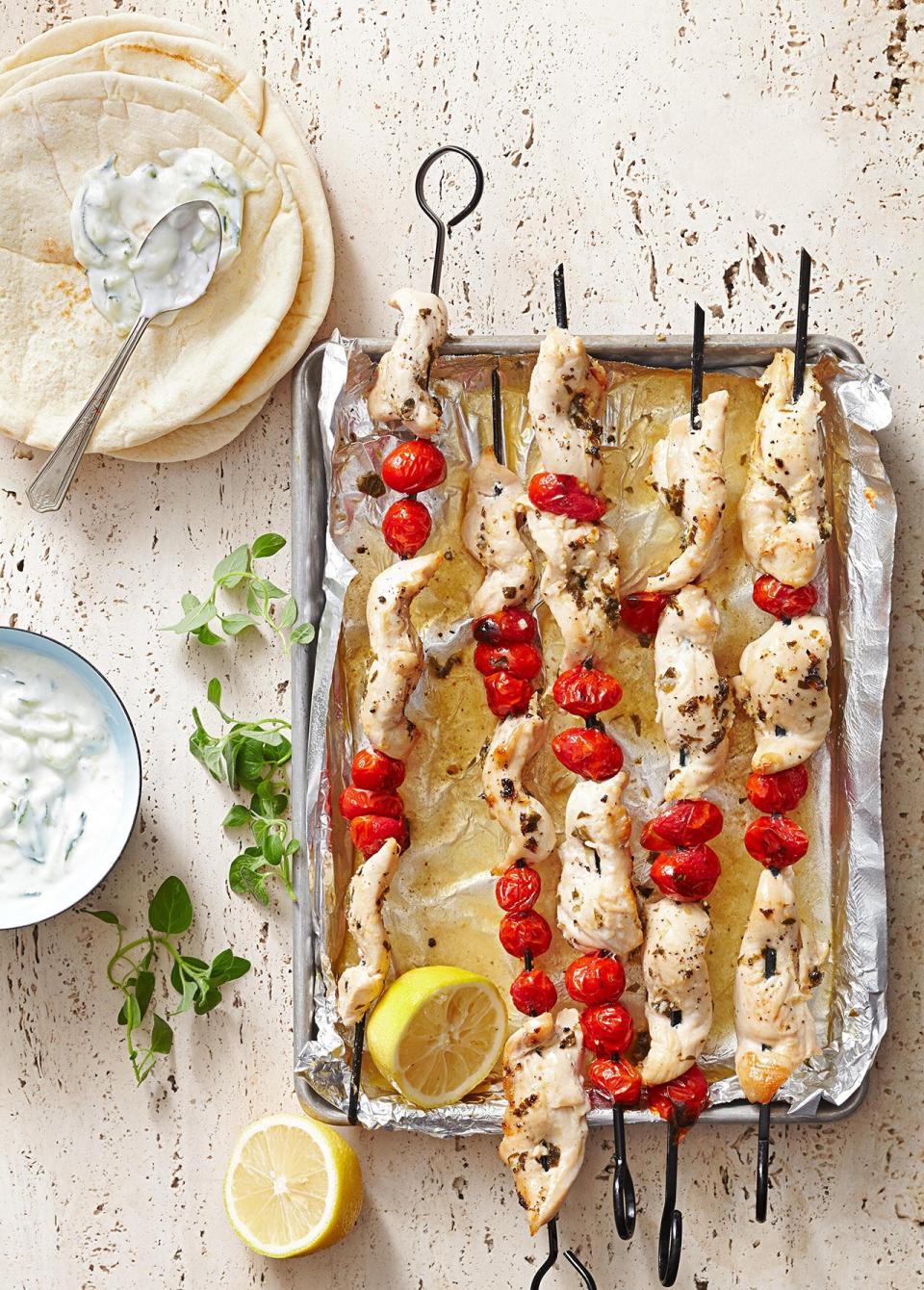 These Greek kabobs combine fresh grape tomatoes, chicken, and lemon for a Mediterranean dinner the whole family will enjoy. This easy Greek chicken recipe can be enjoyed in pitas or on top of a salad or scoop of rice.