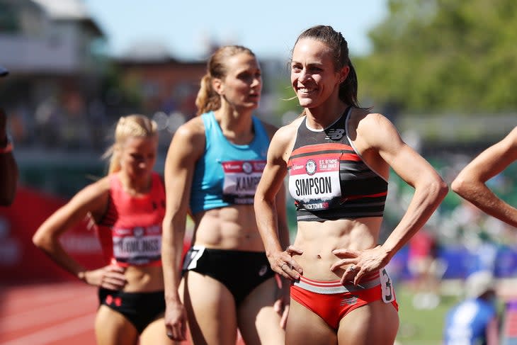 Jenny Simpson, who recommends strength training as a way to run faster, smiles on the track