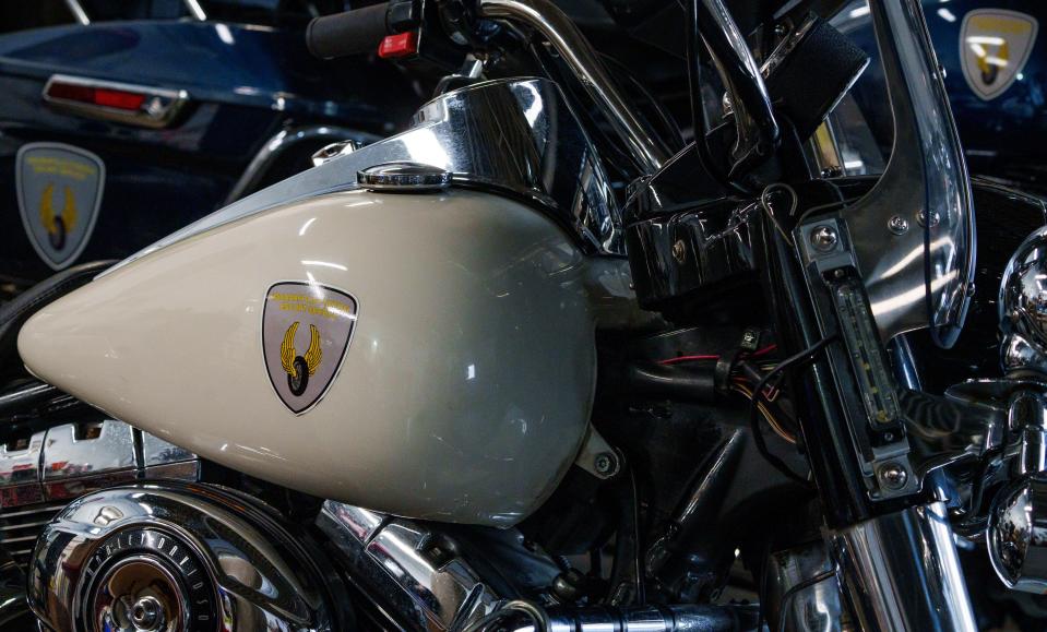 The fleet of Gary Harriman's motorcycles sit Thursday, June 29, 2023, at his shop in Indianapolis' Carson Heights neighborhood.