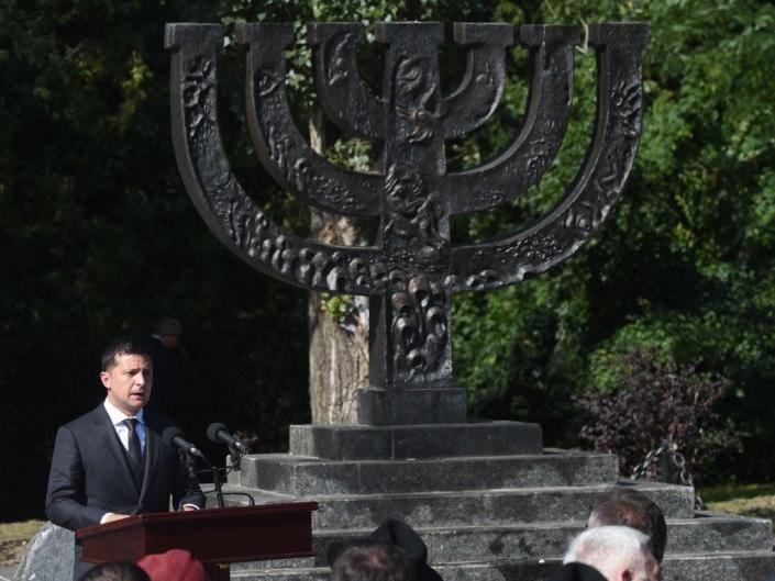 President Volodymyr Zelensky of Ukraine speaks at a Holocaust memorial event
