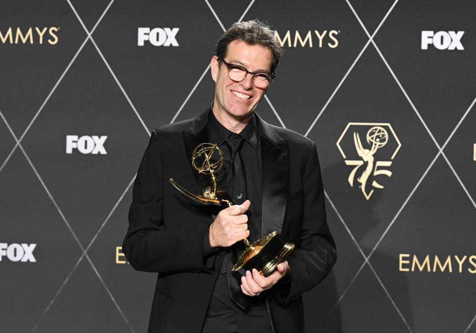 Mark Mylod, winner of Outstanding Directing for a Drama Series award for "Succession," poses in the press room at the 75th Primetime Emmy Awards on January 15, 2024. 