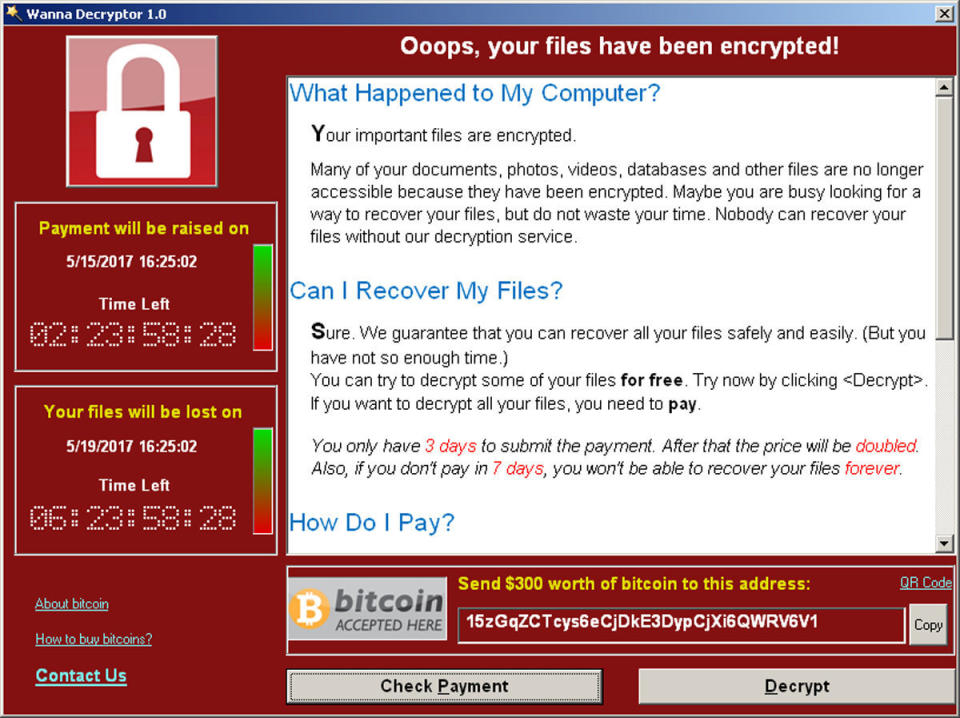 A screenshot shows a WannaCry ransomeware demand, provided by cybersecurity firm Symantec in Mountain View, California, on May 15, 2017. (Photo: Handout/Reuters)