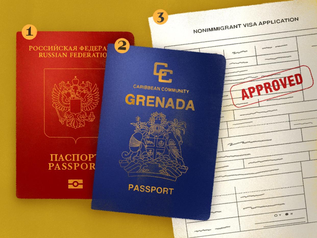 Russian and Grenada passport next to a nonimmigrant visa application.
