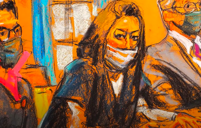 The drawing of Ghislaine Maxwell drawing the new York artist who was drawing her during the trial has gone viral. Screengrab (Newspaper / YouTube)